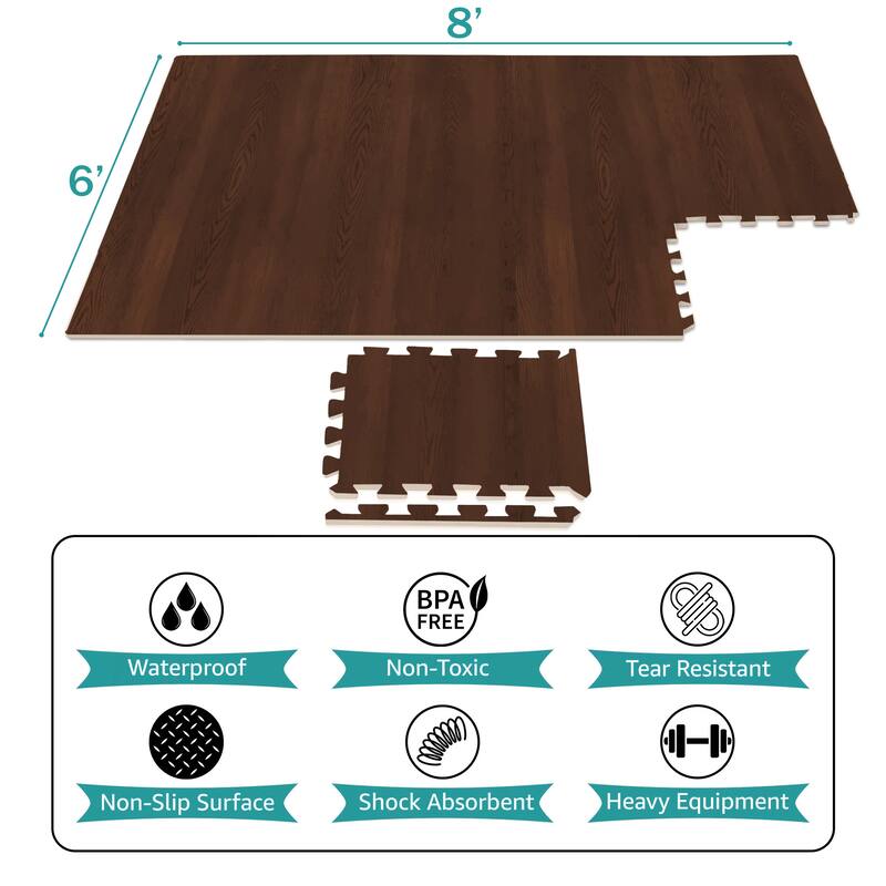 Interlocking Floor Mat - Gray Wood Print, 12 Pieces and Borders