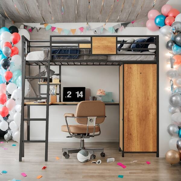 slide 2 of 30, Modern Metal Twin Size Loft Bed with L-shape Desk and Spacious Wooden Wardrobe Black