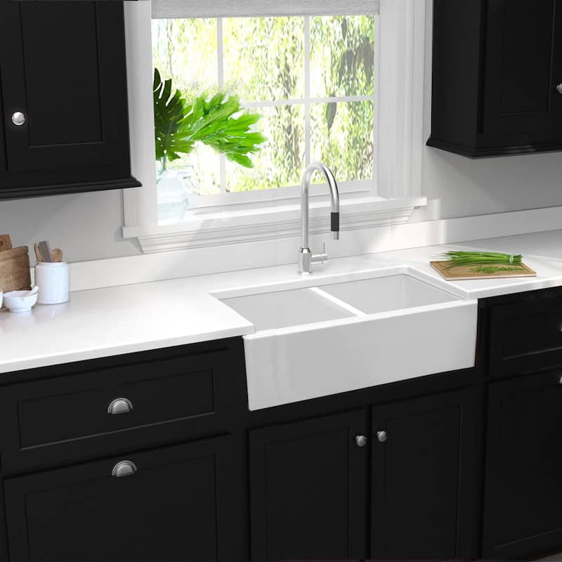 Highpoint Collection Double Bowl Fireclay Farmhouse Sink - 33 x 18 x 10