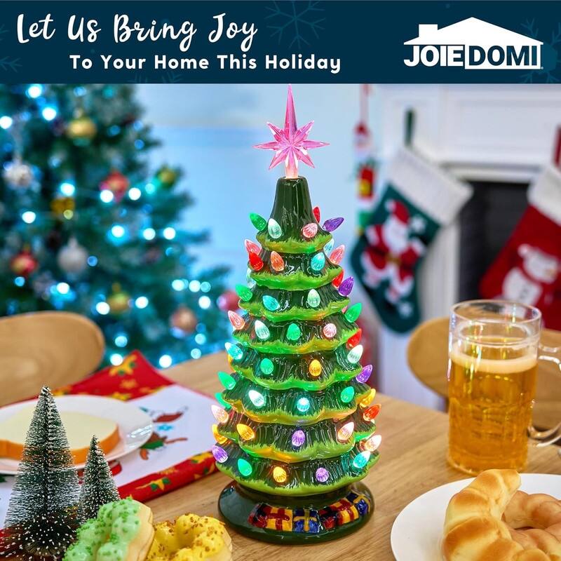 15 in. Tall Green Ceramic Pre-lit Tabletop Christmas Tree with Gift Box - Multicolor