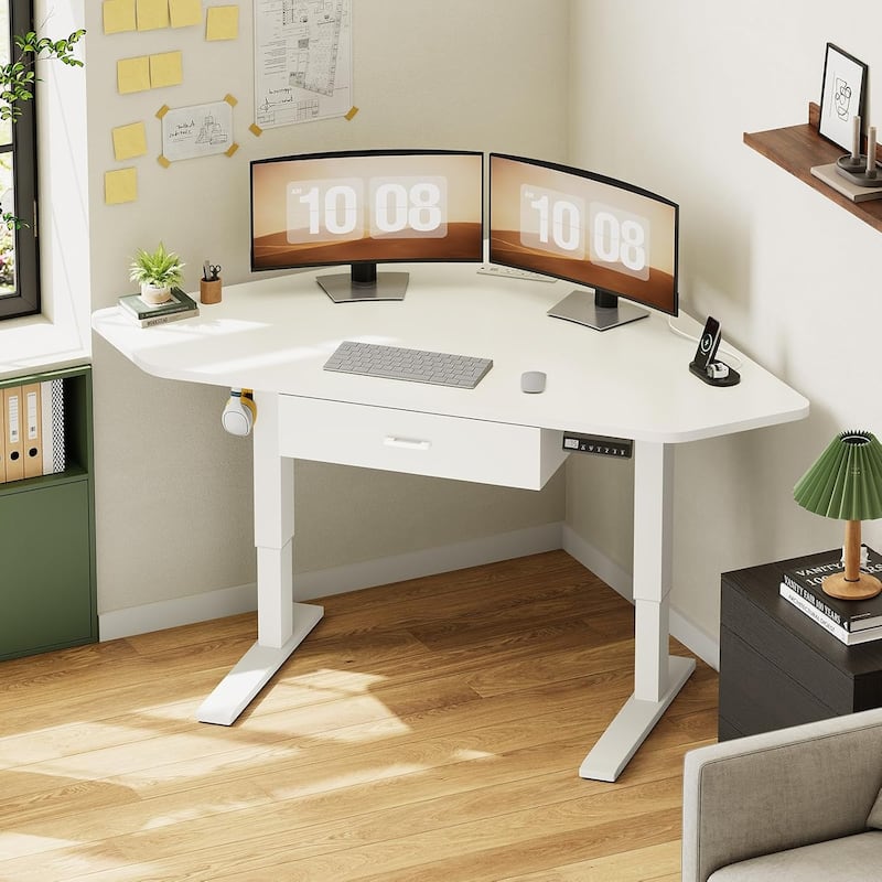 Small Corner Desk Triangle Computer Desk Corner Electric Standing Desk - White