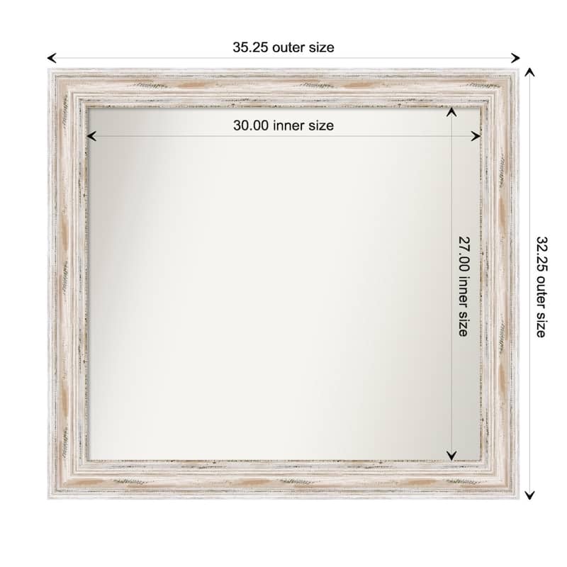 Alexandria White Wash Framed Non-Beveled Custom Wall Mirror, Bathroom Vanity Mirror - Outer Size: 35.25 x 32.25