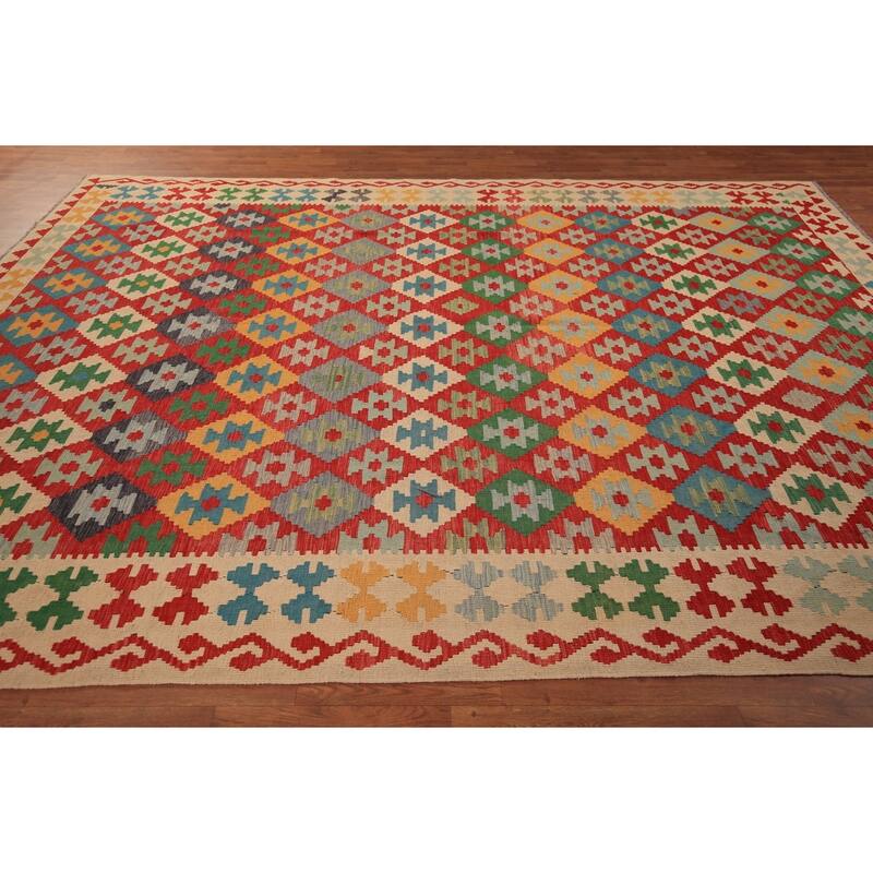 Geometric Kilim Orange Area Rug Hand-Woven Wool Carpet - 8'3" x 11'3"