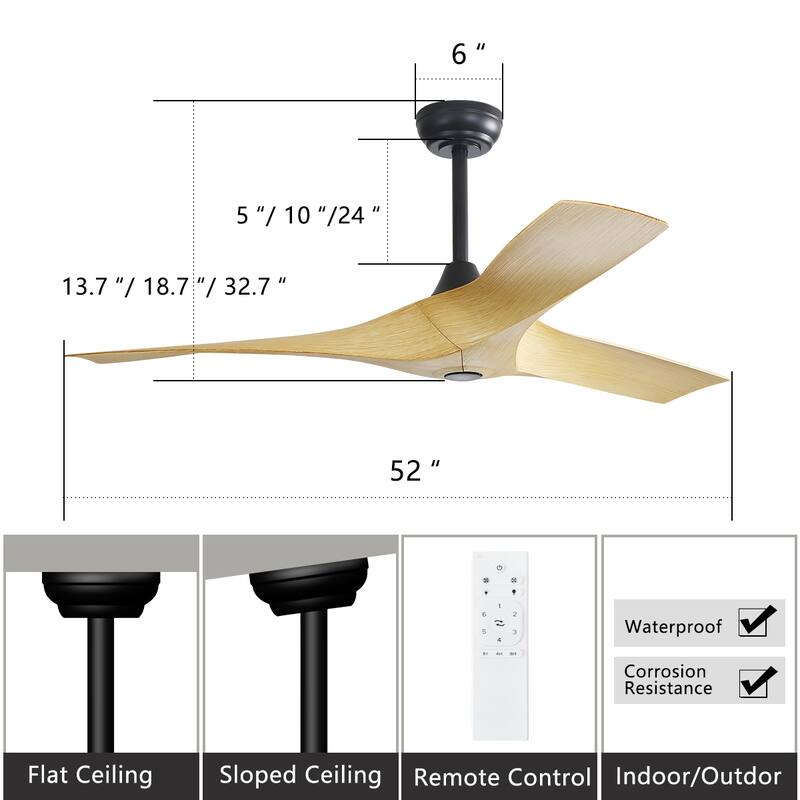 52'' Low Profile Ceiling Fan w/ Remote Control No Light Outdoor/Indoor Farmhouse Bedroom - 52 Inch