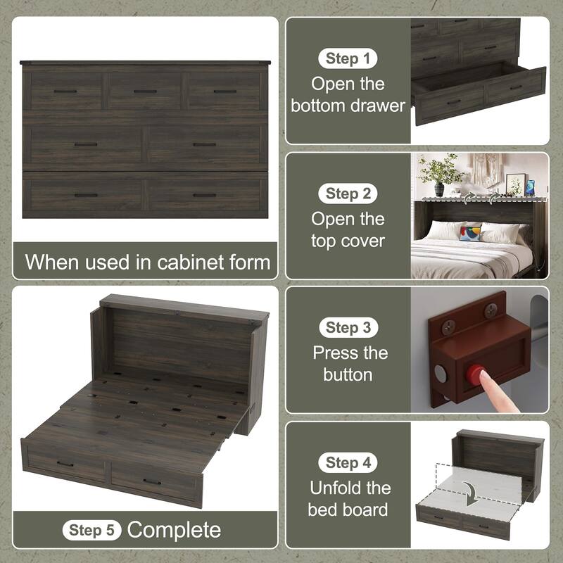 Murphy Bed Cabinet with Charging Station, Large Storage Drawer