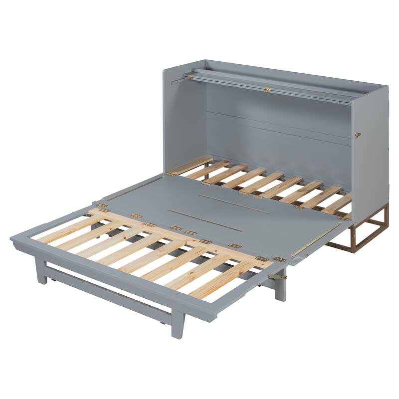 Queen Size Murphy Bed Wall Bed with Iron Legs, Modern Small Room Foldable Bed, Wooden Wall Bed Frame for Home Office