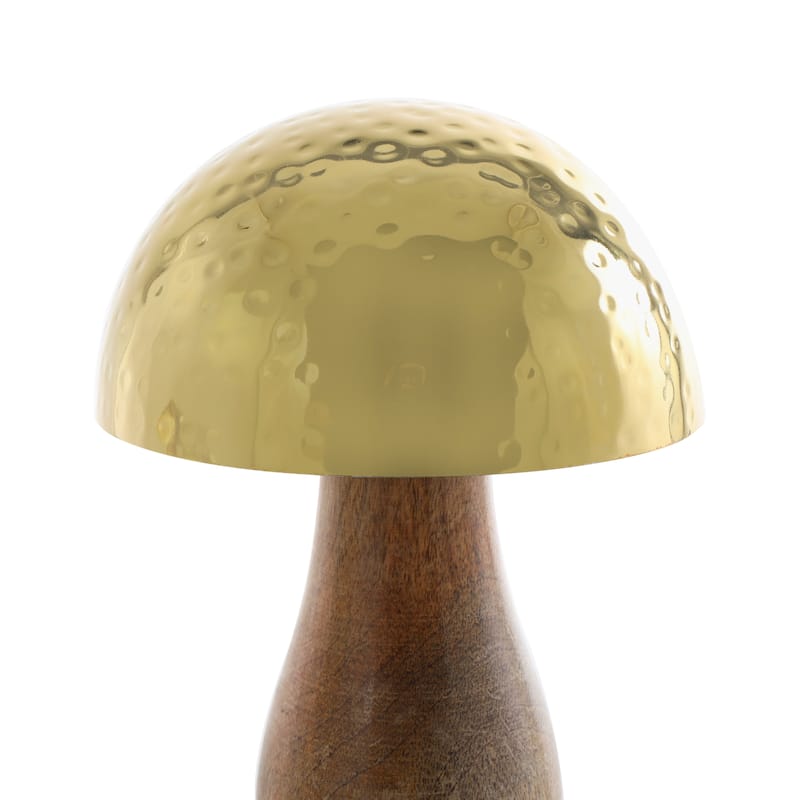 Gold or Silver Stainless Steel Handmade Hammered Mushroom Sculpture with Brown Mango Wood Bases (Set of 3)