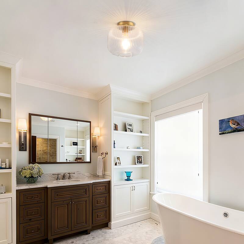 1-Light Mid-Century Modern Ribbed Glass Flush Mount Light