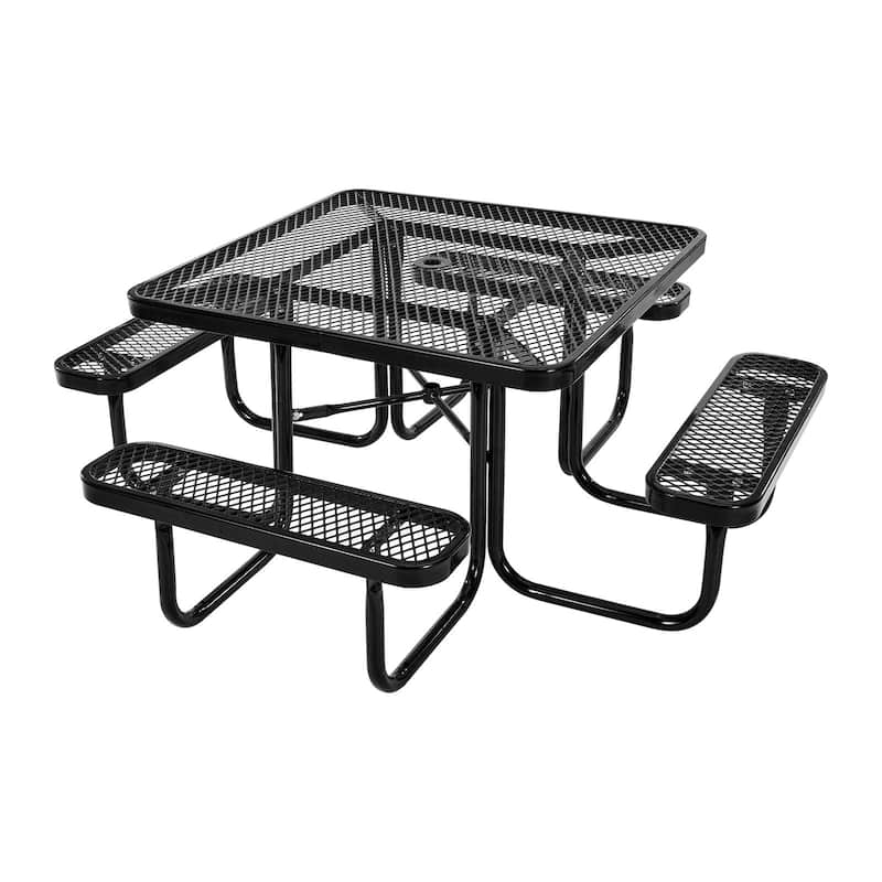 75.8" Black Picnic Square Dining Table with Built-in Umbrella Hole and Metal Frame for 6-8 People - 75.8 x 75.8 x 29.33 in