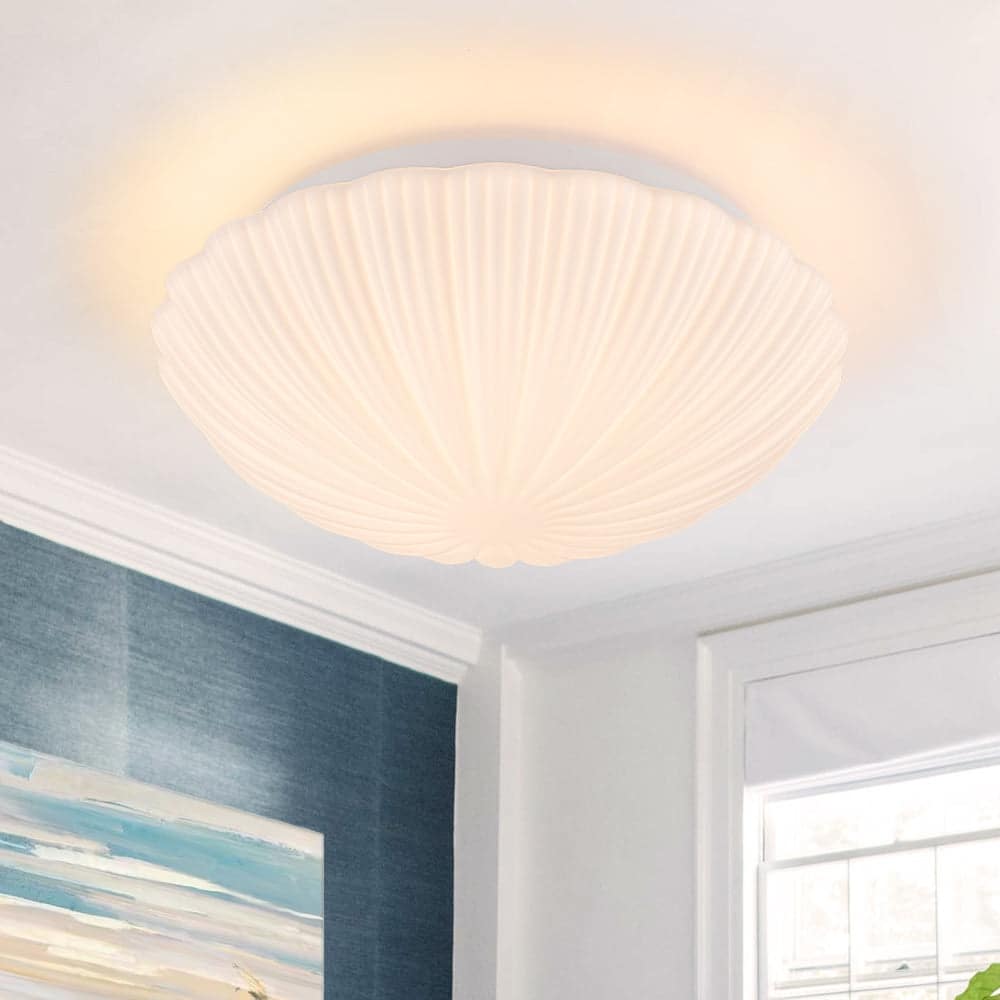 Dimmable LED White Flower Pleated Ribbed Glass Round Ceiling Light - 13.2 Inches