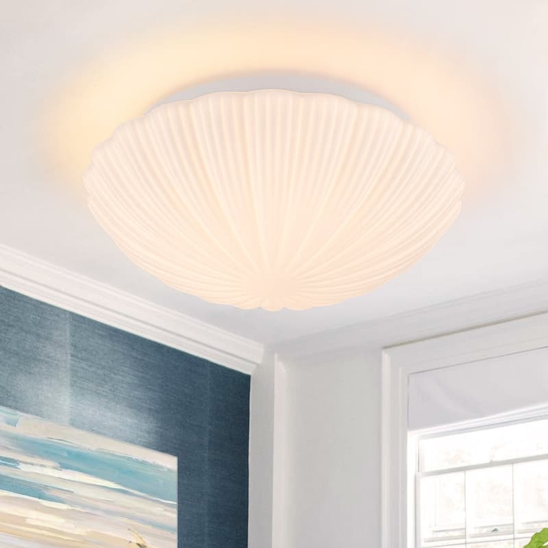 Dimmable LED White Flower Pleated Ribbed Glass Round Ceiling Light - 13.2 Inches - 13.2 Inches