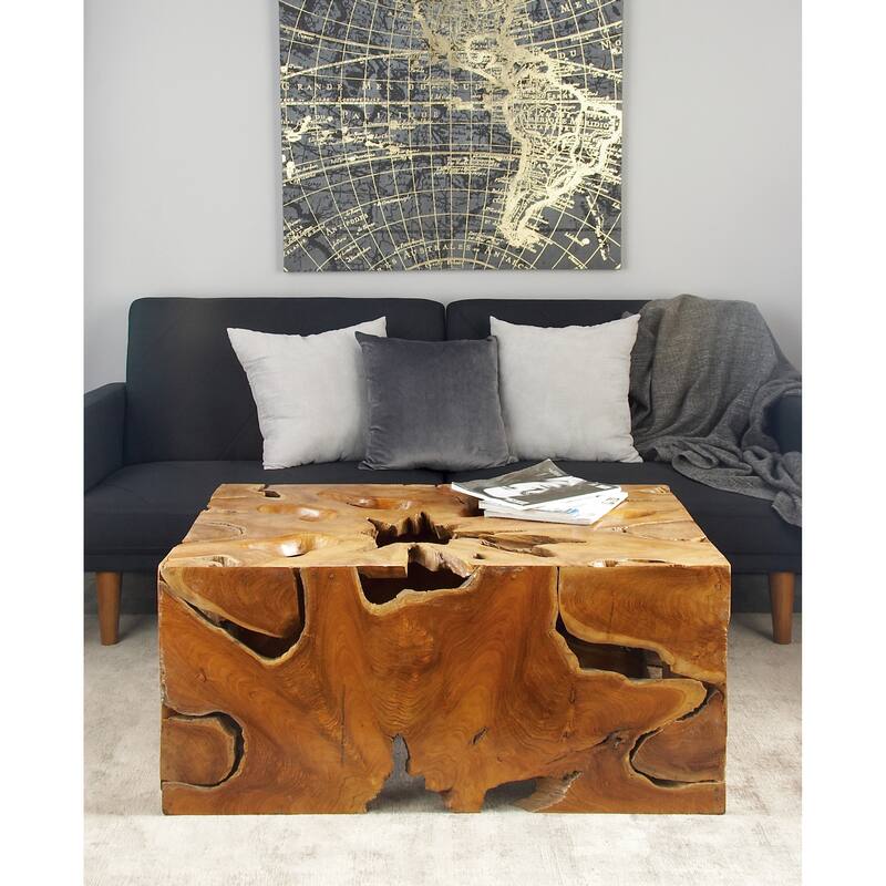Teak Wood Handmade Live Edge Tree Stump Coffee Table with Clear Glass Top - Brown - Roche River Decor - 28"W x 40"L x 18"H