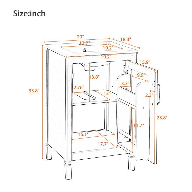 20" Bathroom Vanity with Ceramic Sink, Soft-Close Door, Adjustable U-Shaped Shelf, and Door-Mounted Storage Rack