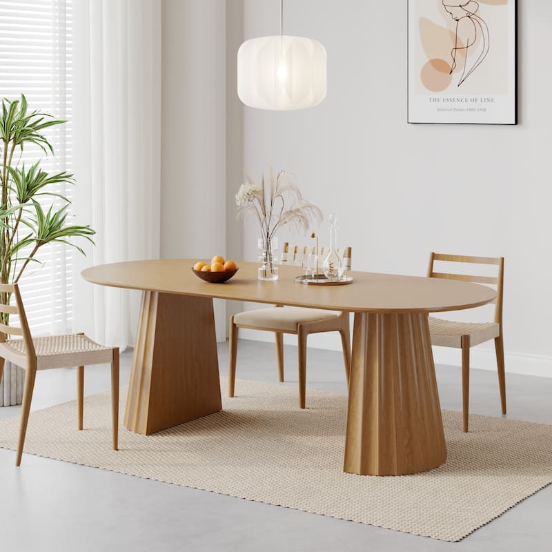 Modern Oval Wooden Dining Table - 79" Large Size, Sturdy Fluted Base, Natural Oak Finish for Dining Room