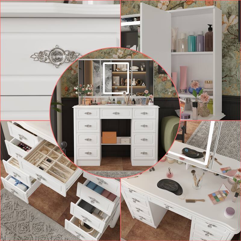 White Makeup Vanity Desk with LED Mirror, 9-Drawer Vanity Table with Storage Cabinets for Bedroom
