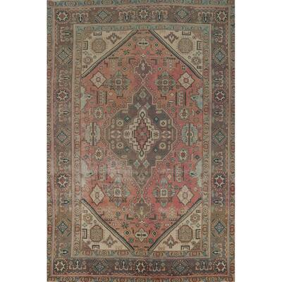 Vintage Pink Geometric Tabriz Persian Area Rug Handmade Wool Carpet - 6'4" x 10'0"