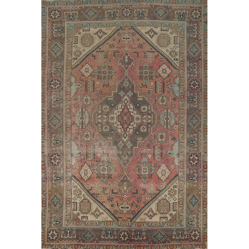 Vintage Pink Geometric Tabriz Persian Area Rug Handmade Wool Carpet - 6'4" x 10'0"