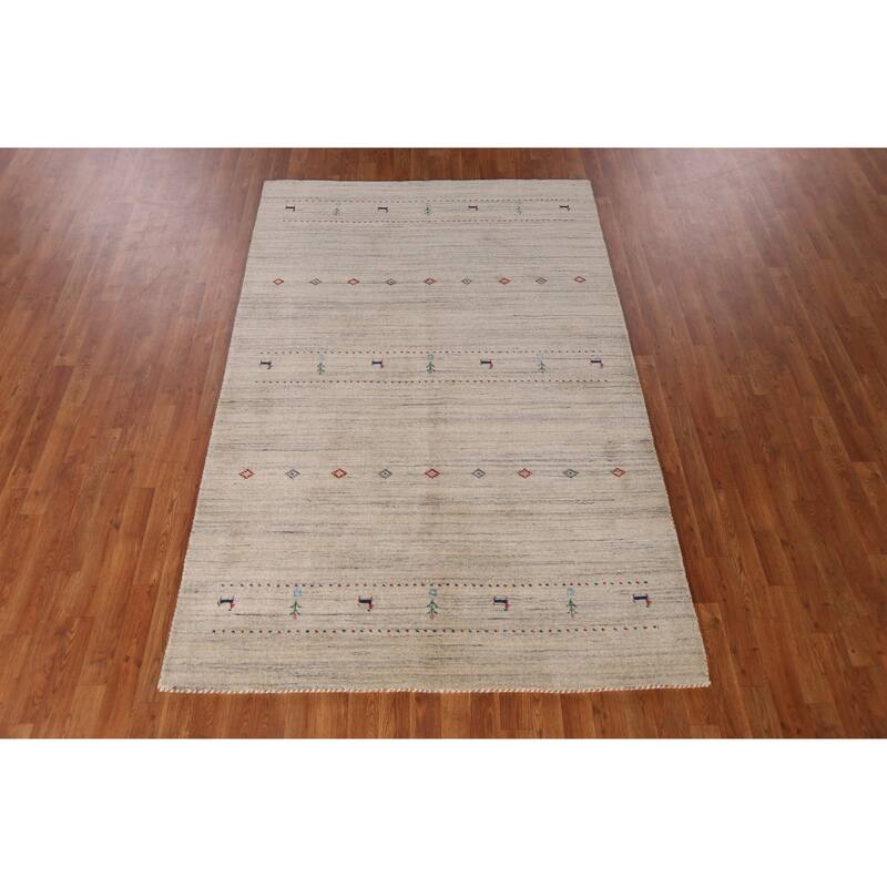 Hand Knotted Oriental 100% Wool Carpet Tribal Animal Pictorial Beige & Ivories Gabbeh Area Rug - 7' 9'' X 5' 0''