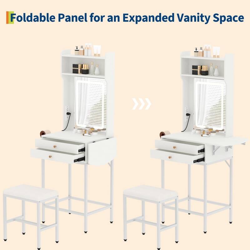 Small Makeup Vanity Desk with LED Mirror, Foldable Side Panel, 2 Drawers
