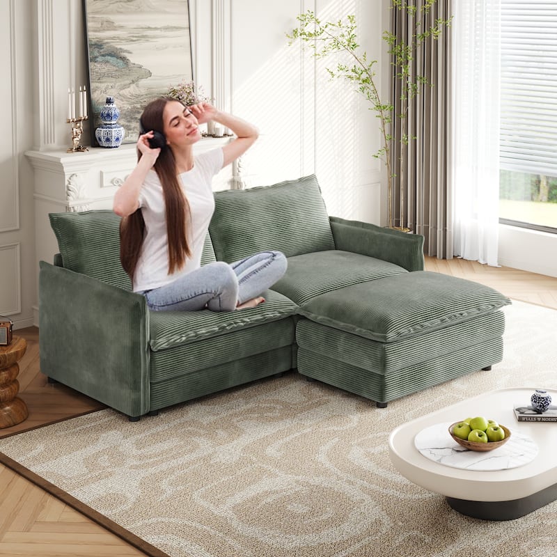75" Corduroy Sectional Sofa with Ottoman, 2-Seater - Green