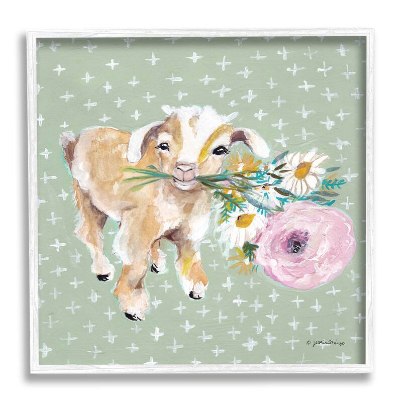 Stupell Attentive Buckling Goat Offering Flowers Studded Backdrop Framed Wall Art, Design by Jessica Mingo - Green - 17 x 17 - White