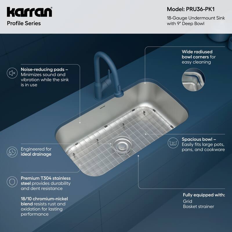 Karran Profile 32” Undermount 18 Gauge Single Bowl Stainless Steel Kitchen Sink with Accessories