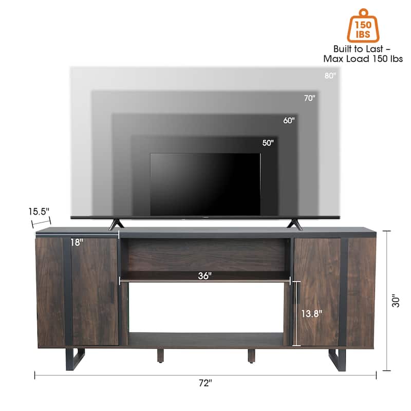 72" Farmhouse Walnut Wood Console TV Stand with Adjustable Shelves
