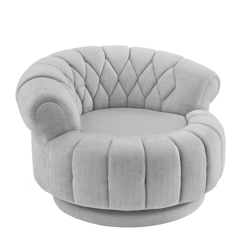 Roomfitters 46 Inch Oversized Round Barrel Swivel Accent Chair with Channel Tufting, Chenille