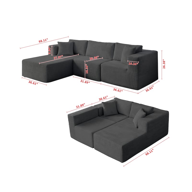 Sectional Sofa and Module, Mid-Century Modern L Shaped Couches 3-Seat Sofa Grey Left