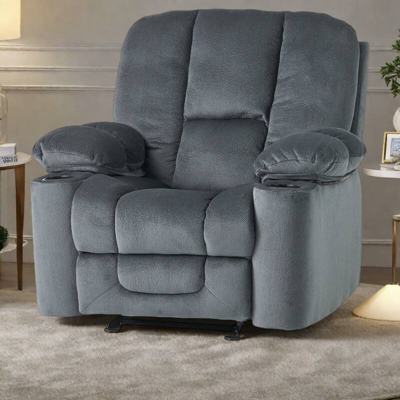 Fabric Manual Recliner Chair with Dual Cup Holders and Generous Padded Cushions - Silver