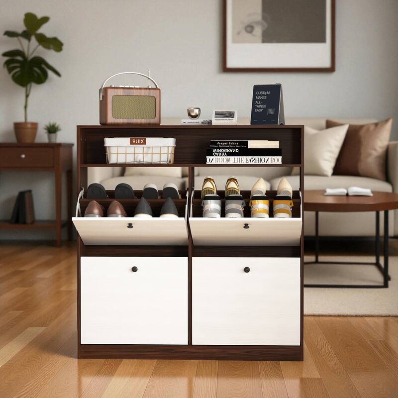 39.4" Shoe Storage Cabinet with 4 Flip Drawers, Large Freestanding Entryway Shoe Organizer with Wooden Handles and Anti-Tip Kit