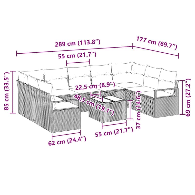 vidaXL 10 Piece Garden Sofa Set with Cushions - 113.8×69.7×27.2