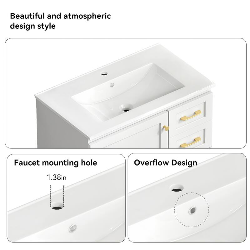 30" Bathroom Vanity Cabinet with Soft-Close Door & 3 Drawers, MDF Storage Vanity for Modern & Transitional Bathrooms