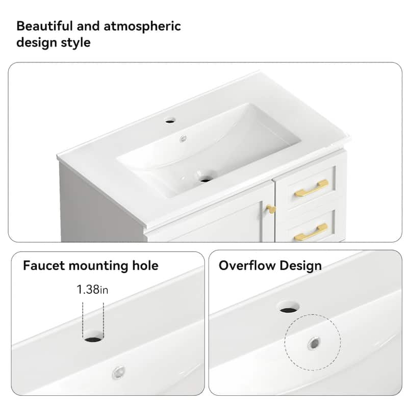 Bathroom Vanity with Ceramic Sink, Wooden Bathroom Storage Cabinet, Bathroom Cabinet with Soft Close Doors & 3 Drawers