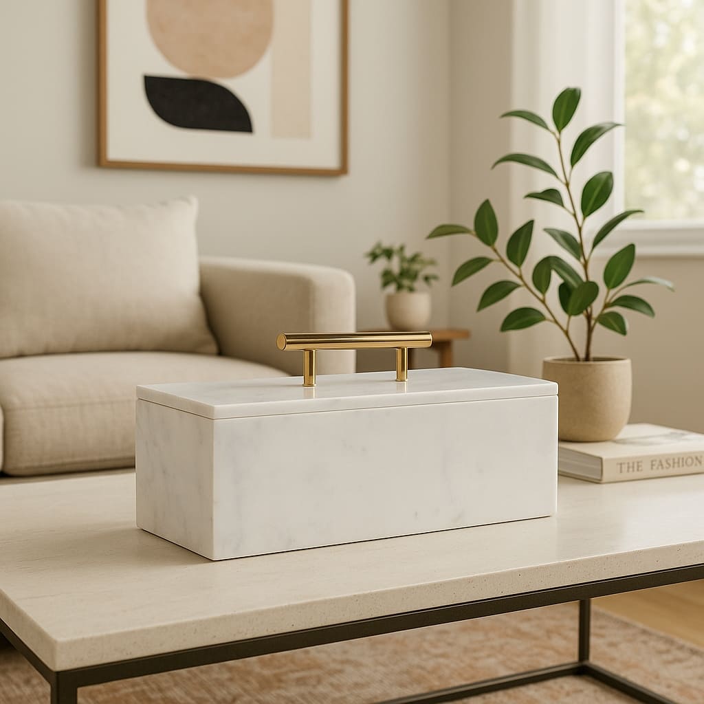 Marble Decorative Box Lidded Container Modern Handle Accent Luxury