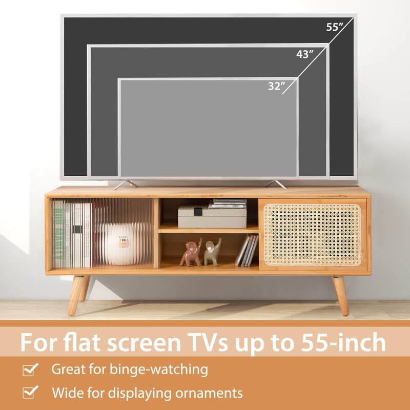 Modern TV Stand with Rattan and Glass Doors for Living Room Storage