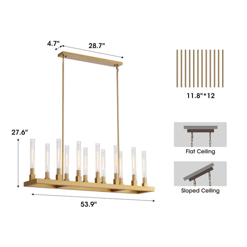 54'' Gold Farmhouse Rectangular Chandelier 12-Light Kitchen Island Lighting with Glass Tube Shades for Living Room & Foyer - N/A