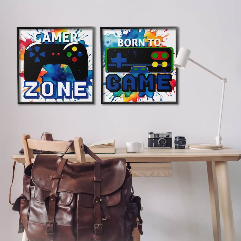 Stupell Gamer Zone on Splash Framed Giclee Art Design By Kim Allen (Set of 2)