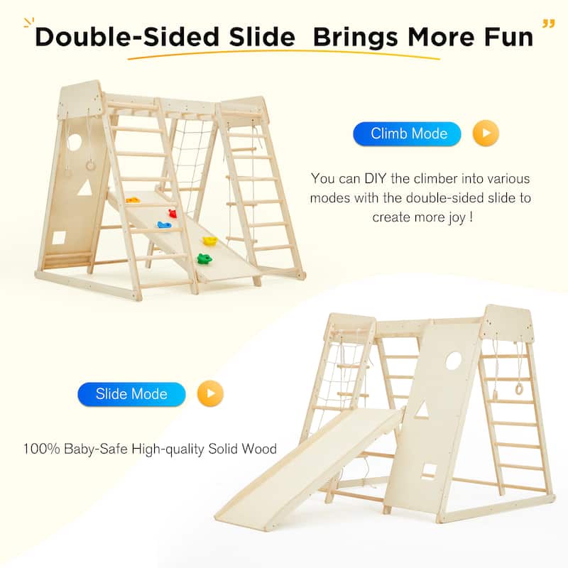 EROMMY 8-in-1 Wooden Climbing Gym for Kids - Indoor Playground Set with Slide, Monkey Bars, Climbing Wall, Wood & Rope Ladder