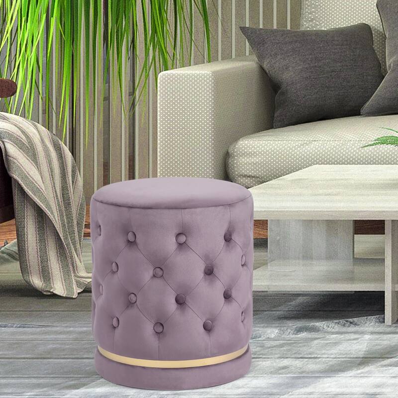 Adeco 18.3" Height Button Tufted Upholstered Round Ottoman - Purple