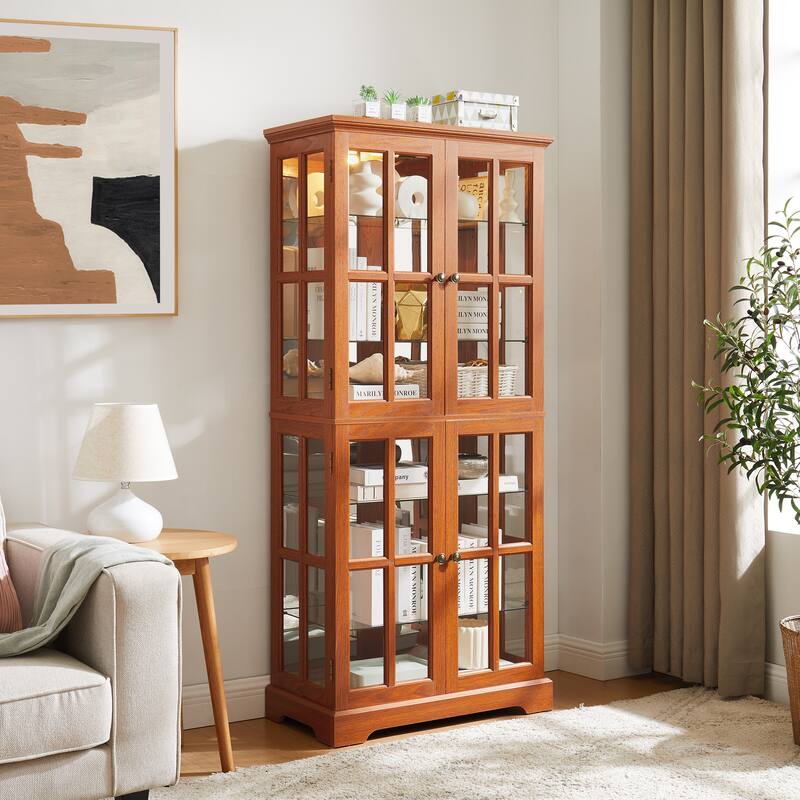 Lighted Curio Display Cabinet, Accent Cabinet with Mirrored Back Pane, Display Cabinet with 4 Glass Doors & Adjustable Shelves