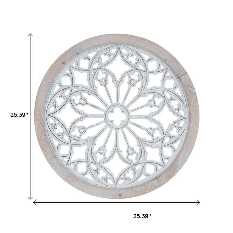 HomeRoots 25" Natural And White Wood Medallion Round Hanging Wall Decor
