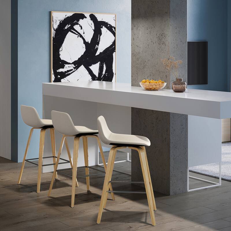 Set of 2 Harvard Bentwood Bar Stools with Curved Back and Upholstered Seat, Mid-Century Modern Design