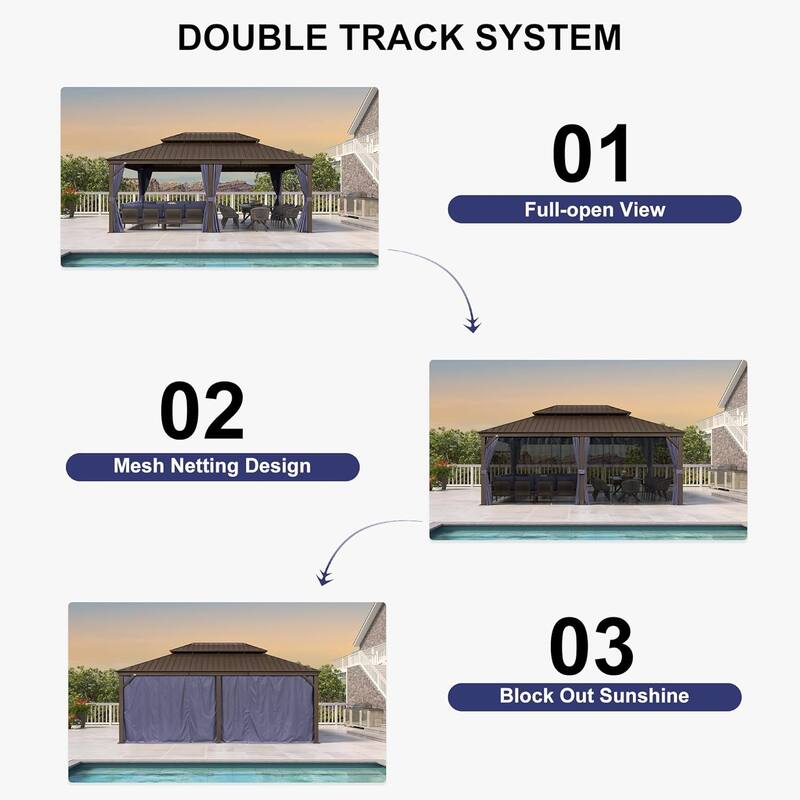 PURPLE LEAF Hardtop Aluminum Gazebo with Curtains and Netting, Double Roof Patio Gazebo