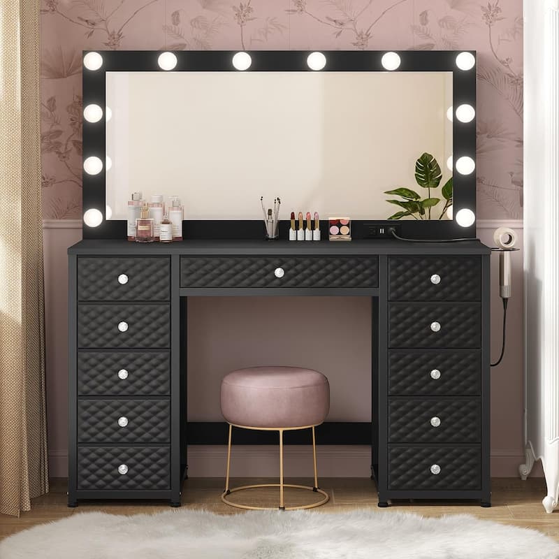 Vanity with Extra Large Mirror and Lights Power Strip 3 Color Modes