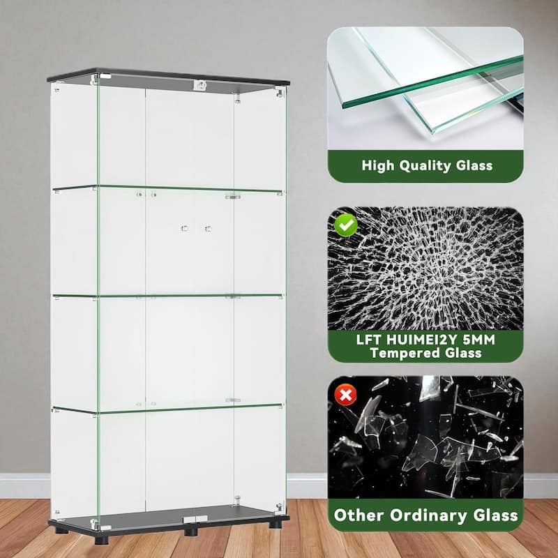 Glass Display Cabinet with Double Doors and Lock, 4-Shelf Tempered Glass Curio Cabinet Bookshelf for Office and Bedroom