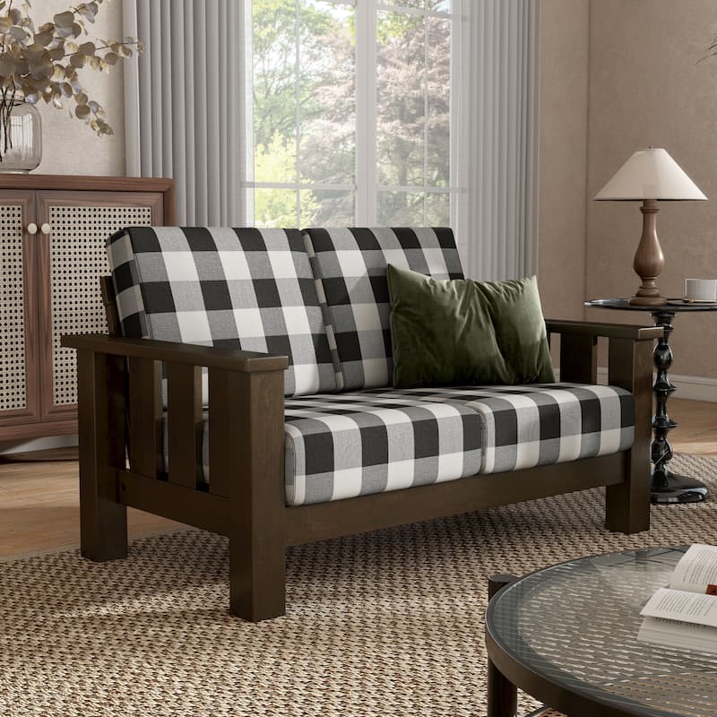 Furniture of America Milou Rustic Wood Plaid Patterned Fabric Loveseat