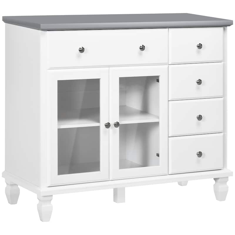 HOMCOM Kitchen Sideboard, Buffet Cabinet with 5 Storage Drawers and Double Glass Door Cupboard for Living Room, White