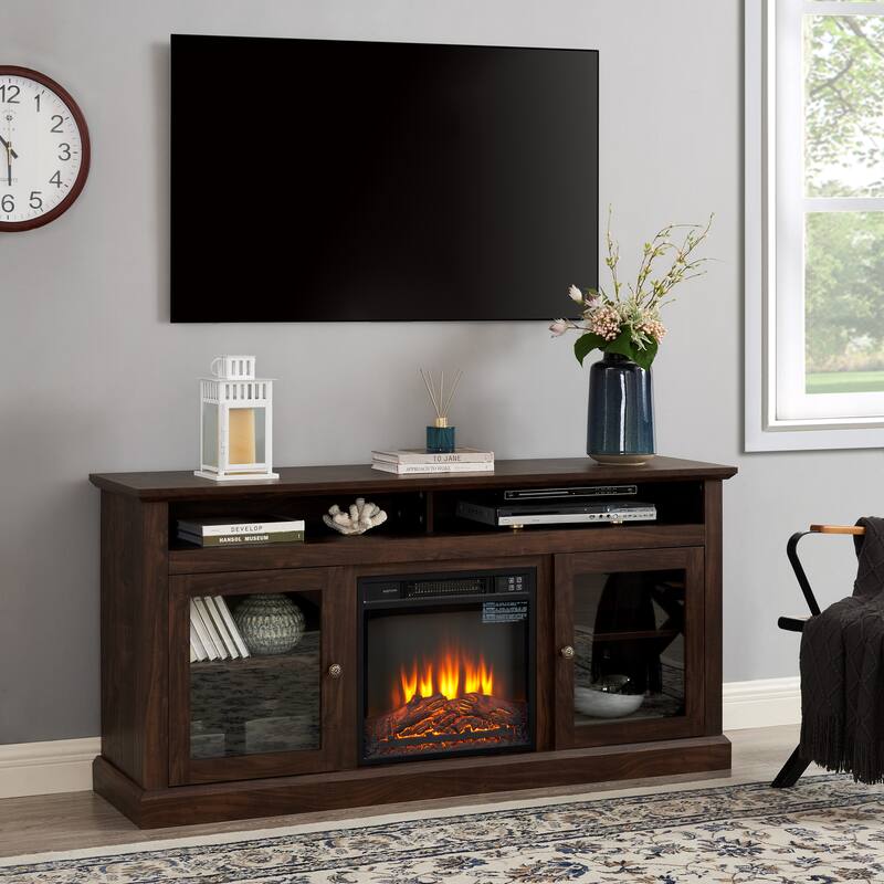 Contemporary TV Media Stand Modern Entertainment Console with 18" Fireplace Insert for TV Up to 65", Storage Space.