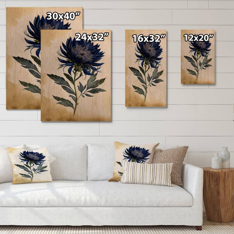 Designart 'Blossoming Blue Retro Flower II' Floral Wood Wall Art - Natural Pine Wood